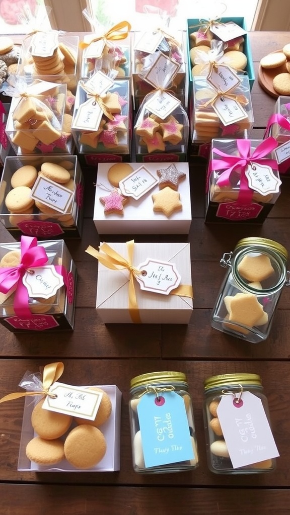 Display of cookie favors in creative packaging: cellophane bags, decorative boxes, mason jars with ribbons and tags.
